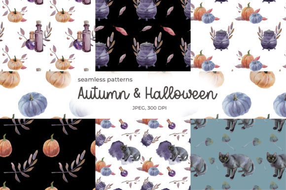 Halloween and Autumn Watercolor Seamless Patterns