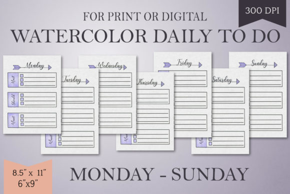 Purple Watercolor Daily to Do List-Mo-Su Print Templates for Digital Sellers