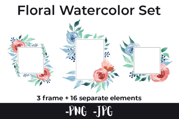 Watercolor Flower Rose Frame Square Set for Crafts & Digital Selling