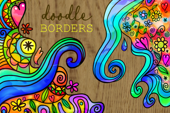 Watercolor Ink Folk Art Doodle Borders for Backgrounds with Handmade Charm
