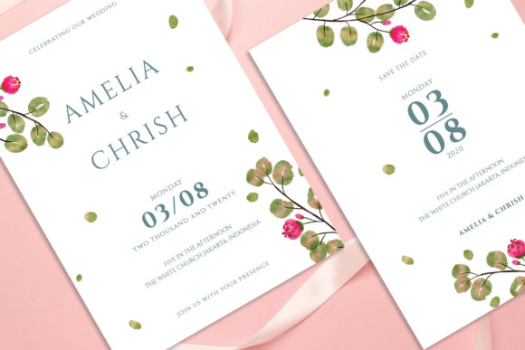 Watercolor Leaf Wedding Invitation Set Print Templates